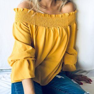 Boutique | Yellow Off Shoulder Smocked Top Bell Sleeve Top